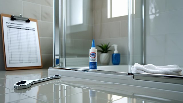 A close-up bathroom scene showing a glass shower door with clear hardware and clean edges, alongside a small maintenance kit with items like a wrench, silicone tube, and cleaning cloth on the floor or counter. Incl.jpg