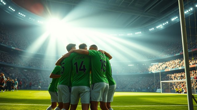 Epic scene with strong hard light depicts players in green jerseys embracing after scoring a goal in a crowded indoor seven-a-side soccer arena. Modern future grand epic style. Direct har.jpg