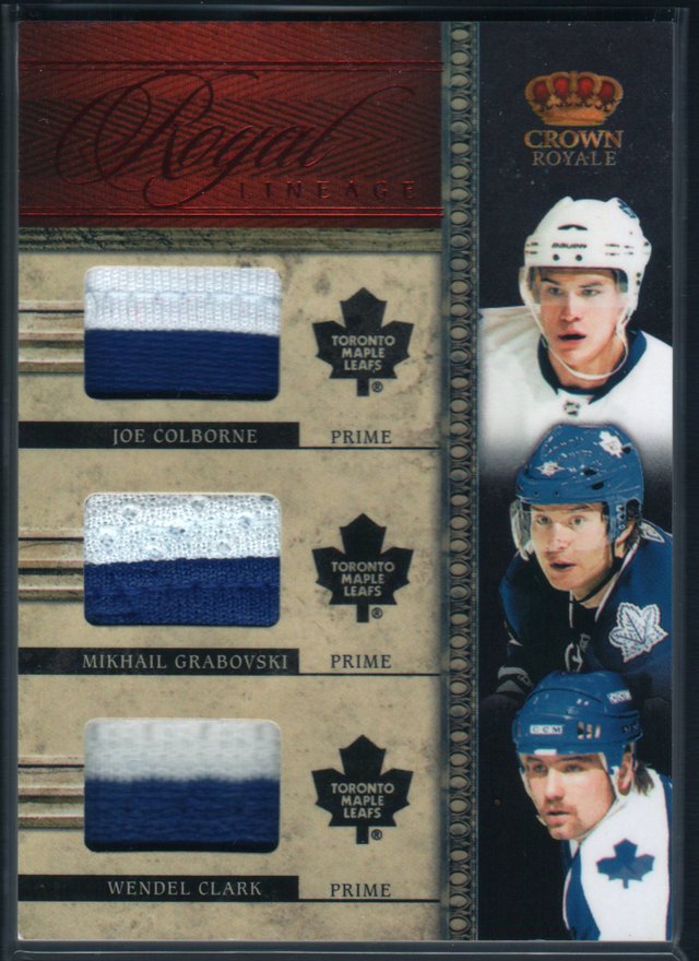 11-12_Panini_Crown_Royale_Royal_Lineage_Triple_PRIME__11_Wendel_Clark_Joe_Colborne_Mikahil_Grabovski_8_of_50.JPG