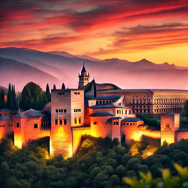 DALL·E 2025-01-20 09.14.35 - A breathtaking sunset view of the Alhambra Palace in Granada, Spain, glowing with golden and red hues. The intricate Moorish architecture is beautiful.webp