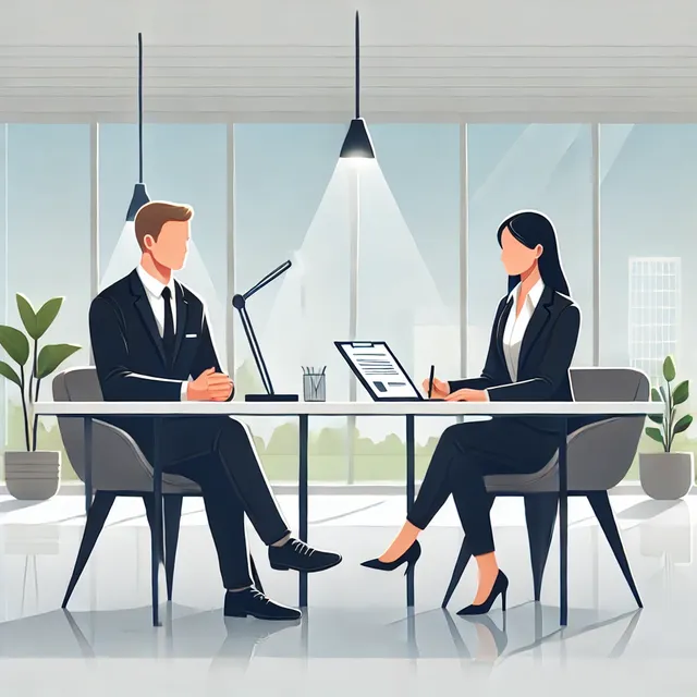 DALL·E 2024-11-26 22.03.44 - A professional interview scene illustrated in a modern and clean art style. The setting is a bright and well-lit office with large windows and a minim.webp