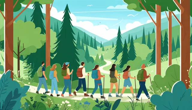 DALL·E 2024-05-18 19.41.33 - A diverse group of people hiking through a beautiful, lush forest. They are enjoying the fresh air, the scenic views, and the companionship of each ot.webp