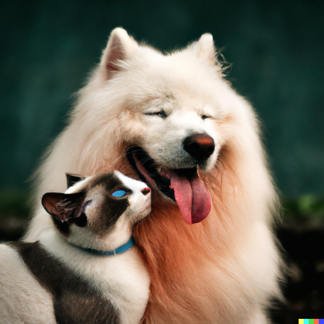 DALL·E 2023-01-07 22.49.00 - A photo of a Samoyed dog with its tongue out hugging a white Siamese cat.png