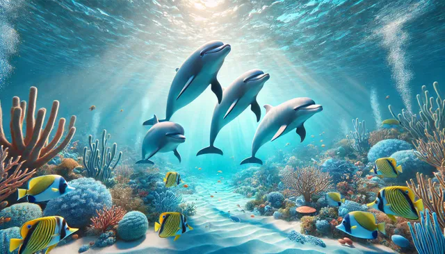 DALL·E 2024-12-18 20.49.53 - 3D artwork of dolphins swimming gracefully in a clear blue ocean, with sunlight filtering through the water. The dolphins are depicted with realistic .webp