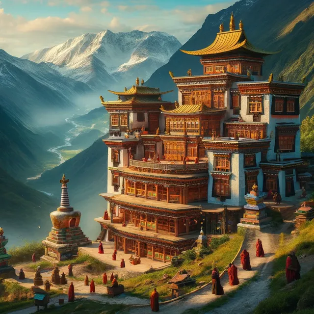 DALL·E 2024-04-12 15.25.02 - A peaceful Himalayan monastery scene with Tibetan architectural elements. The monastery is perched on a mountain ridge, surrounded by snowy peaks and .webp
