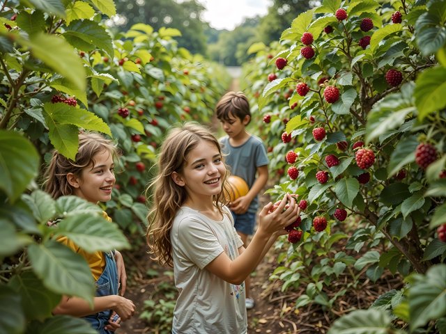 Smiling kids harvesting fresh berries in a sunny green garden.jpeg