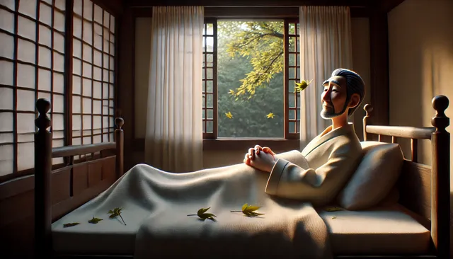 DALL·E 2024-09-02 06.20.33 - A highly detailed 3D Pixar animation style image depicting a calm and serene scene of Zhang Yunde lying peacefully in bed, having passed away. The roo.webp