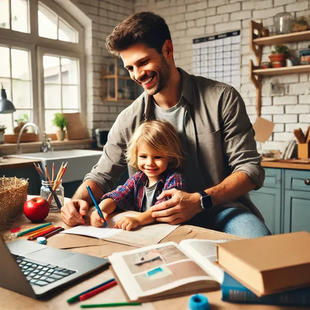 DALL·E 2024-12-03 15.27.33 - A heartwarming scene of a single father and his young child sitting together at a kitchen table, surrounded by books and crafts. The father is smiling.webp