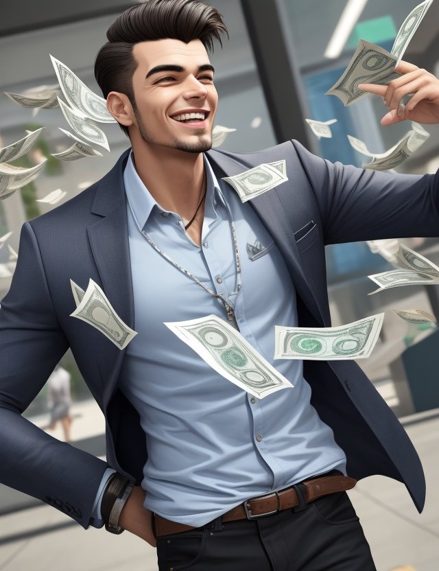 DreamShaper_v7_excited_young_man_with_money_flying_around_him_2.jpg