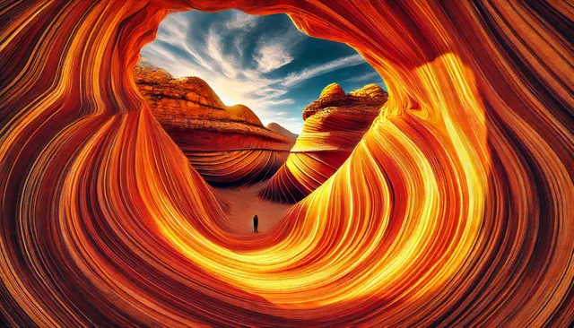 DALL·E 2025-01-25 08.13.00 - A surreal and vibrant view of The Wave in Arizona, showcasing its iconic swirling sandstone patterns in shades of orange, red, and yellow. The scene c.webp