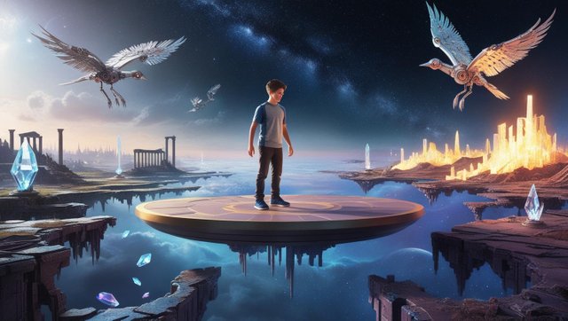 create an image of boy which age 10-12.and He stood on a floating platform, surrounded by broken pieces of land, vast stars hanging in the void. Some parts looked like ancient cities; others glowed with futuristic t.jpg