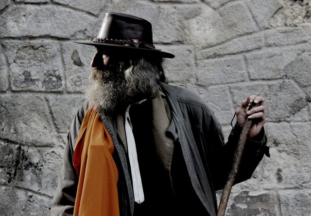 A Traveler with long grey hair and beard, wearing a leather adventure hat and cloak, and carrying a staff.