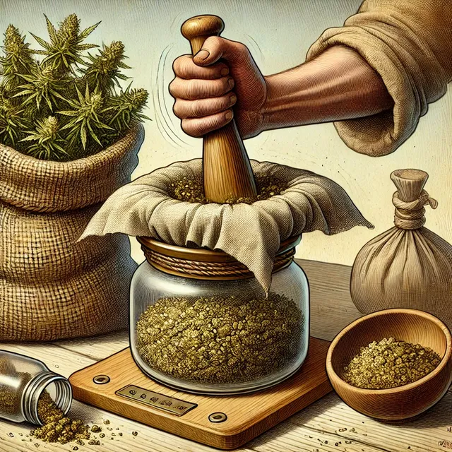 DALL·E 2024-09-04 17.03.21 - A traditional process of extracting marijuana pollen. The scene shows a bundle of marijuana wrapped in a fine cloth, placed on top of a jar. The bundl.webp