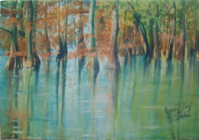 reflejandome sobre el agua del pantano, oleo, 44x64,.jpg