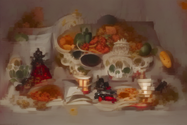 A pile of food, tacos, enchiladas, guacamole, salsa, tomatoes, chilis, corn, pumpkin, squash, terra cotta, plates with filigree, a white tablecloth  Pronkstilleven Vanitas.png