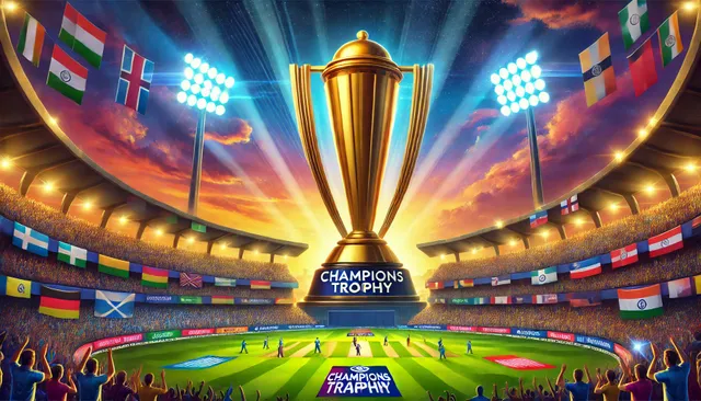 DALL·E 2025-01-11 03.28.06 - A stunning and vibrant landscape-style illustration celebrating the Champions Trophy cricket tournament. The image features a large golden cricket tro.webp