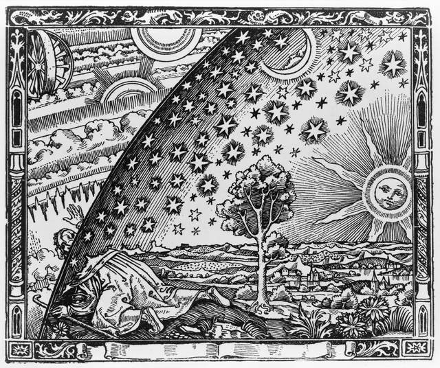 The woodcut is the famous "Flammarion Engraving". No one knows who created it.