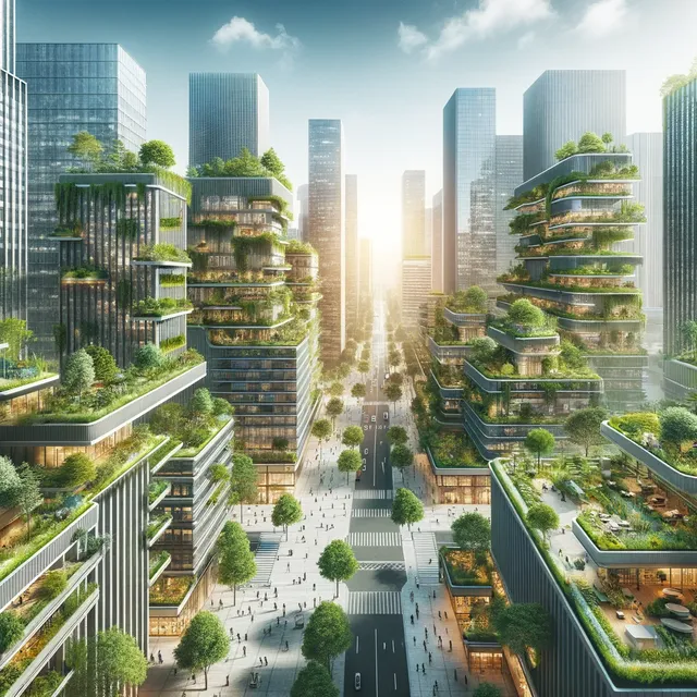 DALL·E 2024-03-25 15.15.55 - A modern cityscape showcasing innovative urban green projects, with buildings integrated with greenery. The image features rooftop gardens, vertical f.webp