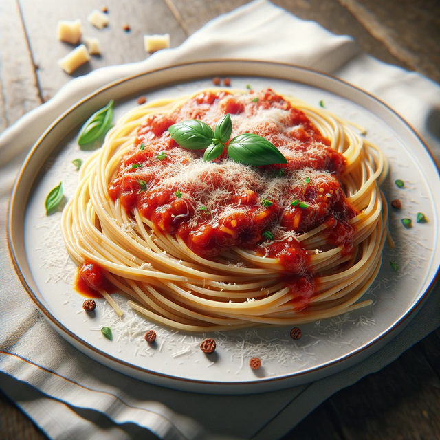 DALL·E 2024-01-18 00.56.57 - A photorealistic image of a plate of spaghetti with tomato sauce. The spaghetti is cooked to perfection, with a rich, red tomato sauce generously coat.png