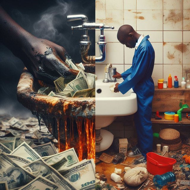 A picture of a sink with toxic waste, a pile of money and a person fixing it up. The image show.jpeg
