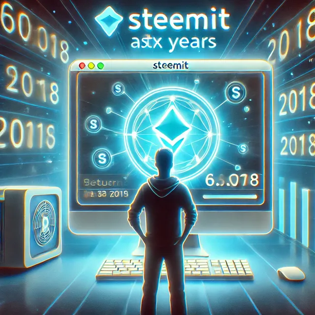 A futuristic digital illustration of a person returning to a blockchain-based social media platform after six years. The scene features a glowing comp.webp