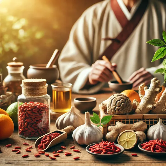 DALL·E 2025-03-11 16.04.52 - A realistic digital image showing the concept of boosting the immune system through traditional Chinese medicine and diet. The scene features a wooden.webp