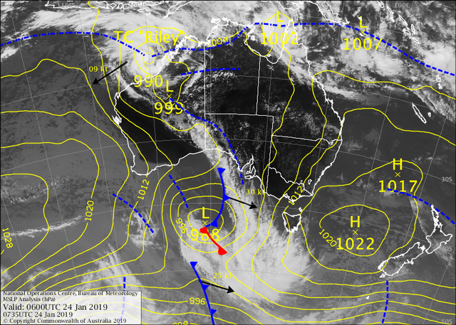 Australian Bureau of Meteorology satellite and Mean Sea Level Pressure analysis valid 06 UTC (16:30 ACST).
