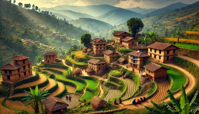 DALL·E 2024-08-08 06.10.16 - A picturesque village in Nepal, with traditional stone houses, terraced fields, and lush greenery. Villagers are seen engaging in daily activities aga.webp