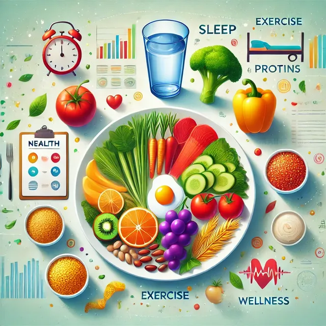 DALL·E 2024-12-28 08.51.41 - A vibrant and educational illustration for a health and nutrition blog, featuring a balanced plate with colorful fruits, vegetables, grains, and prote.webp