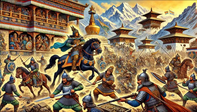 DALL·E 2024-06-29 07.32.59 - An illustration depicting ancient kings of Kathmandu attacking Tibet for its gold and medicines. The scene should include warriors in traditional armo.webp