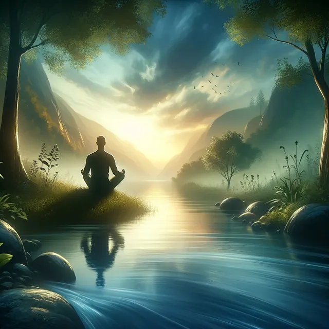 DALL·E 2024-03-26 05.53.52 - A serene and tranquil scene depicting inner peace and self-control. Imagine a person sitting calmly by a serene lake, surrounded by nature. The person.webp