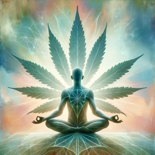 DALL·E 2024-03-31 13.20.26 - An abstract representation of a person meditating in a calm and serene setting, surrounded by subtle symbols of hemp leaves. The person is seated in t.webp