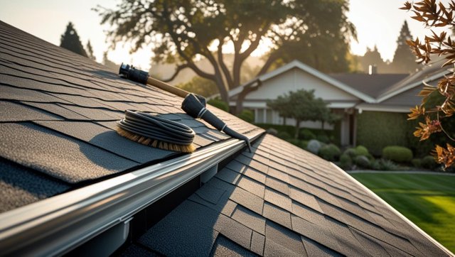 A North Bay home roof shown up close with clean gutters, intact shingles, and a clear roofline. Include maintenance tools like a ladder, hose, or brush placed neatly nearby. Add subtle details like trimmed branches.jpg