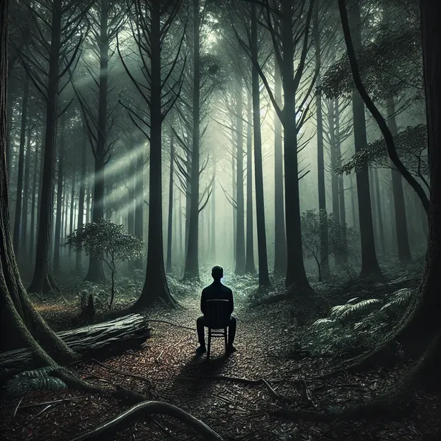 DALL·E 2024-09-29 11.28.22 - A lonely man sitting on a chair in the middle of a dense, dark forest. The forest is filled with tall, ancient trees with thick foliage, and the groun.webp