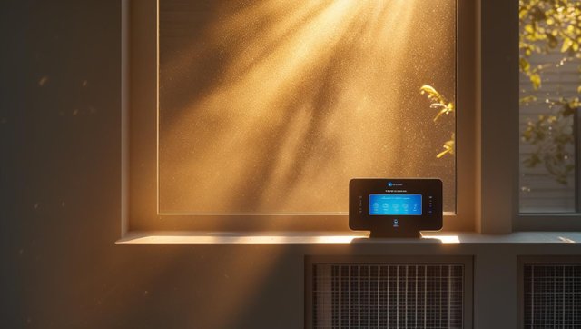 A Bay Area home interior with visible sunlight filtering through dust particles, highlighting poor air quality. Show an HVAC vent, clean air filters, and an air quality monitor on a table. Emphasize clean, fresh in.jpg