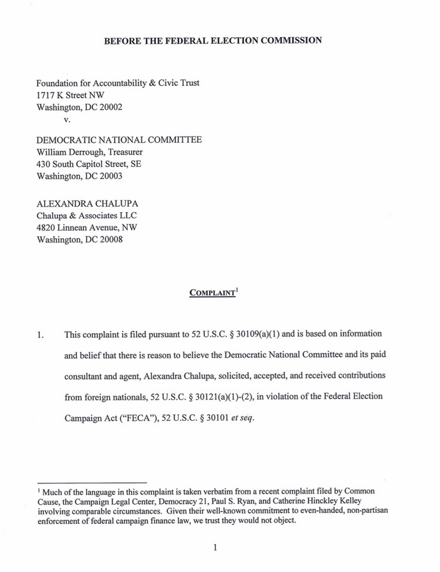 8news DNC and Chalupa received foreign funds for election 2016 complaint filed by Mathew Whittaker 2017 page 1 of 2.png