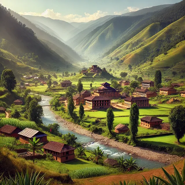 DALL·E 2024-08-14 07.26.43 - A picturesque view of Sinja Valley in Nepal, featuring lush green hills, ancient ruins, and traditional Nepali houses with sloping roofs. The landscap.webp