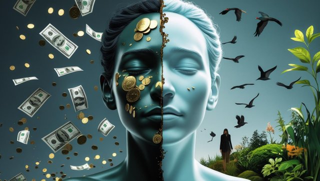 Crie uma imagem conceitual e simbólica que represente o dilema entre dinheiro e felicidade. No centro, uma figura humana dividida ao meio_ de um lado, uma expressão exausta, cercada por boletos, moedas e ci.jpg