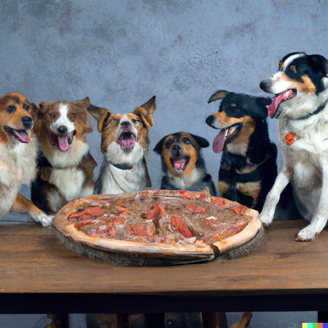DALL·E 2022-07-19 18.06.32 - A group of dogs sitting around a table with a big pizza on top.png