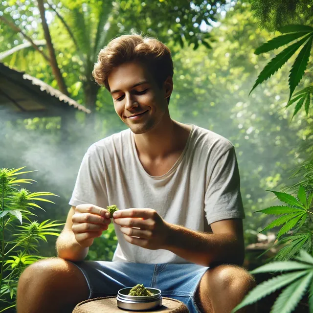 DALL·E 2024-07-20 06.02.12 - A serene scene of someone enjoying a natural and organic high from hash. The person is sitting in a relaxed outdoor setting, surrounded by lush greene.webp