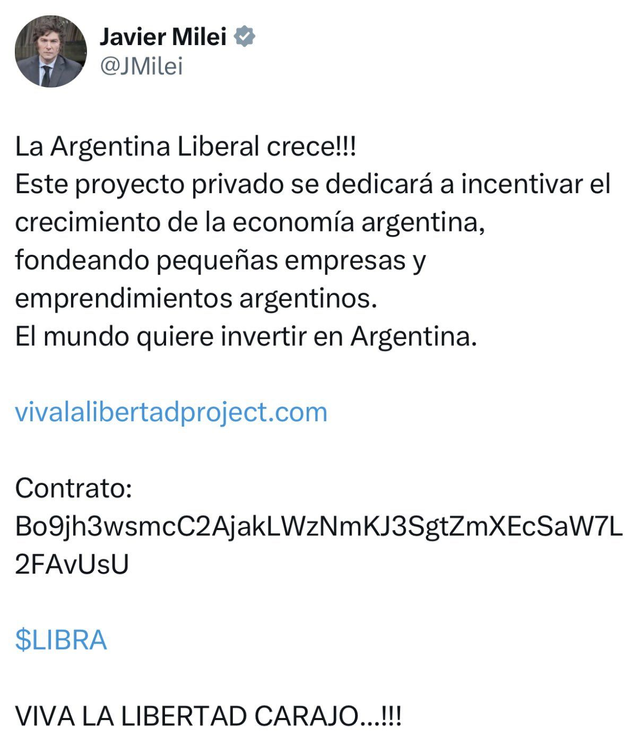 Captura del post de Javier Milei en X relacionada a $Libra. Fue borrado más tarde.