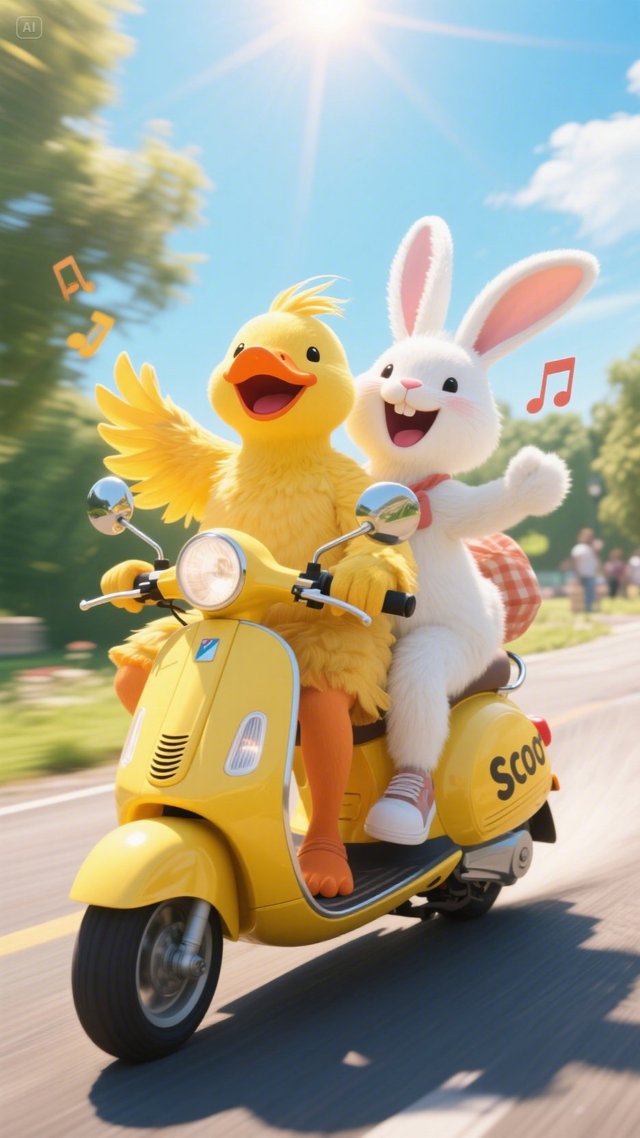 jimeng-2025-05-14-561-The yellow duck and the white rabbit rode their Scooty together, beaming with ....jpeg