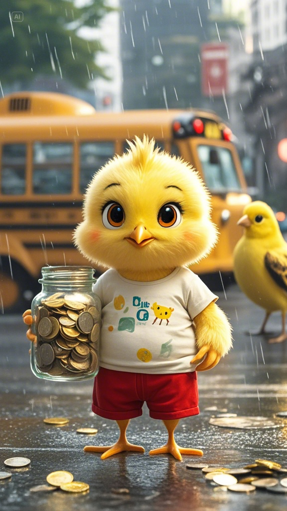 A fluffy yellow chick wearing a printed t-shirt and red shorts, holding a jar full of coins on a rai... (2).png
