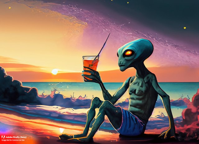 Firefly Alien sitting in the sunset enjoying drink in shorts on the side of ocean 26224.jpg