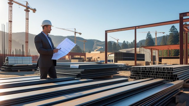 _A construction site in Northern California with a developer or contractor reviewing blueprints beside stacked steel beams or rebar labeled with a local supplier’s name. Background includes clear skies, cranes, and.jpg