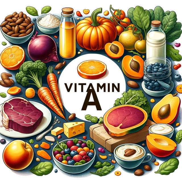 DALL·E 2023-11-25 22.29.27 - An educational illustration showcasing a variety of foods rich in Vitamin A, arranged in a circle around a central title that reads 'Vitamin A'. The f.png