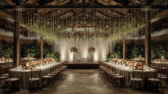 _Photorealistic indoor Atlanta wedding reception space featuring a custom metal pergola with hanging string lights and floral arrangements, tables set for guests, elegant modern atmosphere, professional event photo.jpg