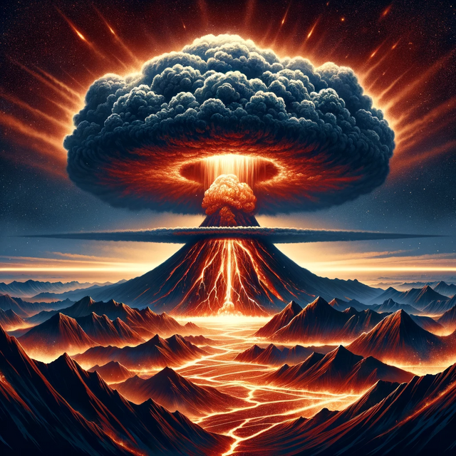 DALL·E 2024-01-15 19.51.33 - An illustration of a massive volcanic eruption with a mysterious nuclear-like cloud, depicting the conspiracy theory of volcanic eruptions being nucle.png