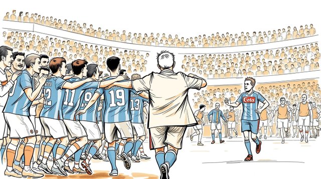 Hand-drawn sketch in natural earth tones. A crowded soccer arena shows Napoli players embracing after a goal, running towards their short, overweight coach in his sixties with sparse whit.jpg