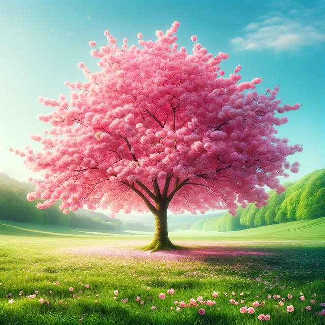 DALL·E 2024-01-17 12.12.39 - An image featuring a vibrant Sakura (cherry blossom) tree in full bloom, standing majestically in the center of an open meadow. The meadow is lush and.png